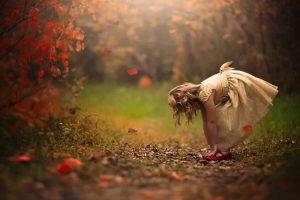 little girl forest blonde fall depth of field jake olson red shoes