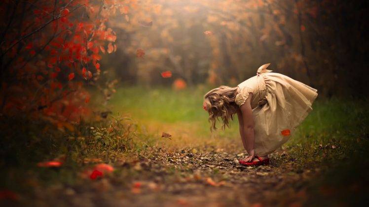 little girl forest blonde fall depth of field jake olson red shoes HD Wallpaper Desktop Background