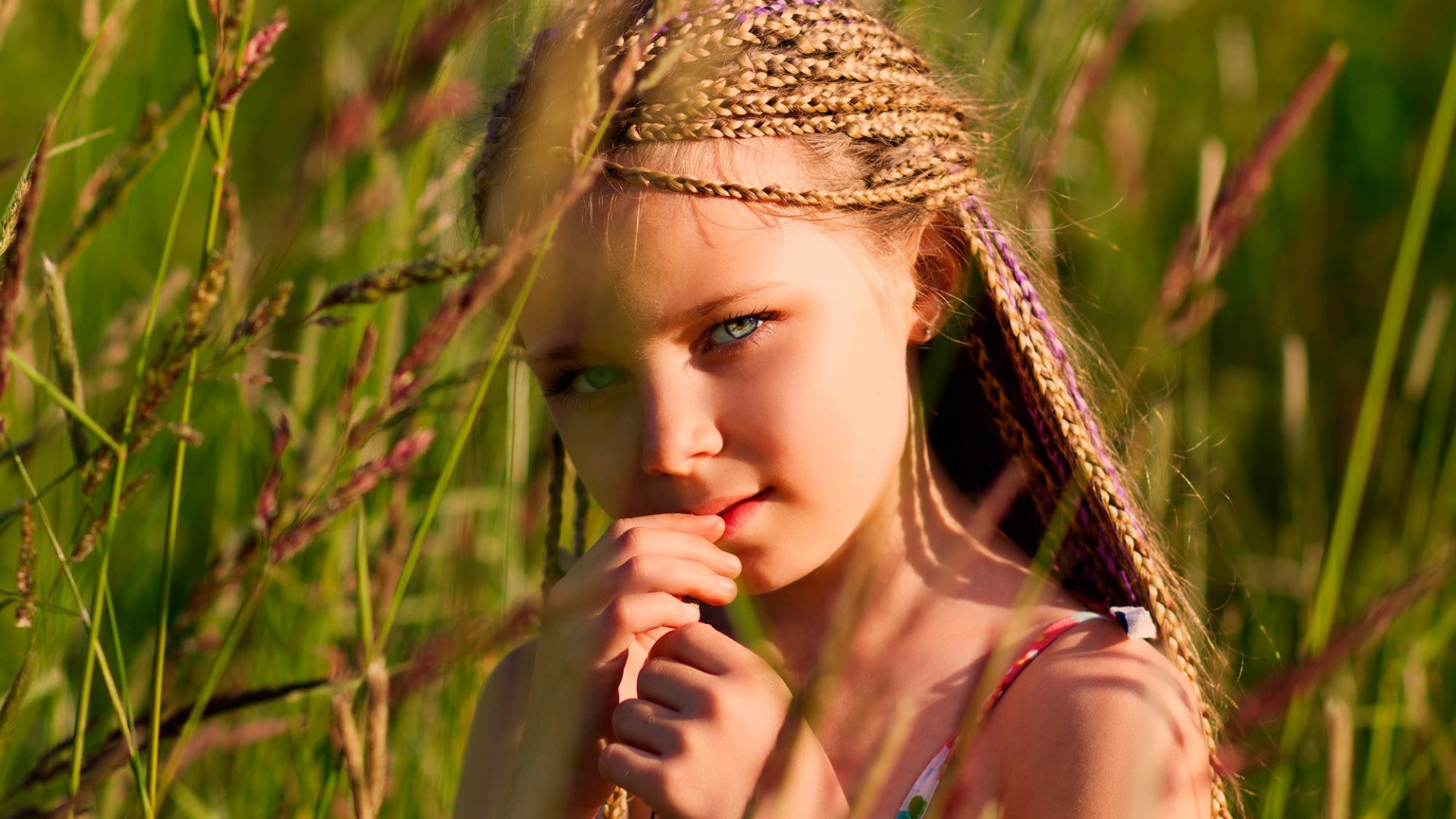 children braids blue eyes blonde nature Wallpaper