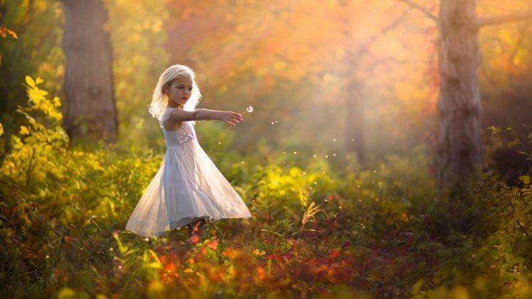 children little girl dandelion depth of field blonde white dress jake olson HD Wallpaper Desktop Background