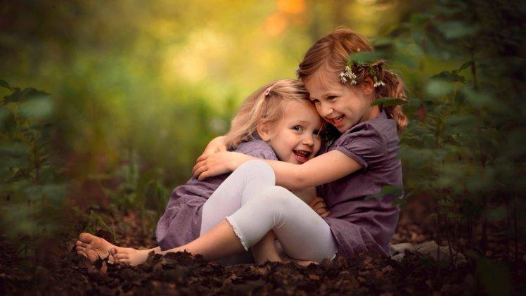 little girl children hugging smiling depth of field HD Wallpaper Desktop Background