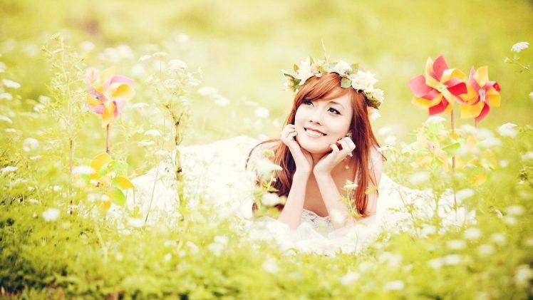 pinwheel wreaths women outdoors flowers asian smiling HD Wallpaper Desktop Background