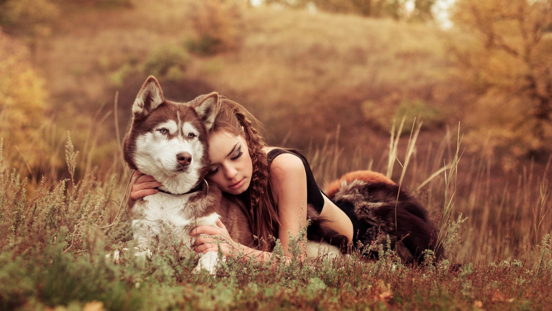 dog hugging women outdoors animals closed eyes Wallpapers HD / Desktop