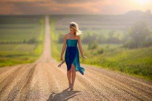 women blonde road nature landscape barefoot nebraska jake olson blue dress bare shoulders looking down