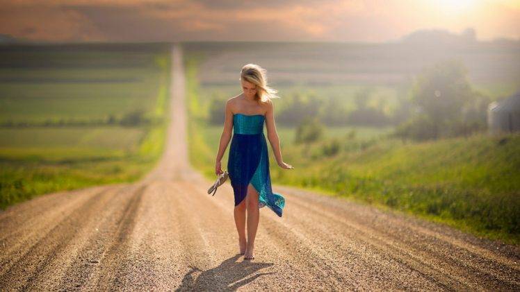 women blonde road nature landscape barefoot nebraska jake olson blue dress bare shoulders looking down HD Wallpaper Desktop Background