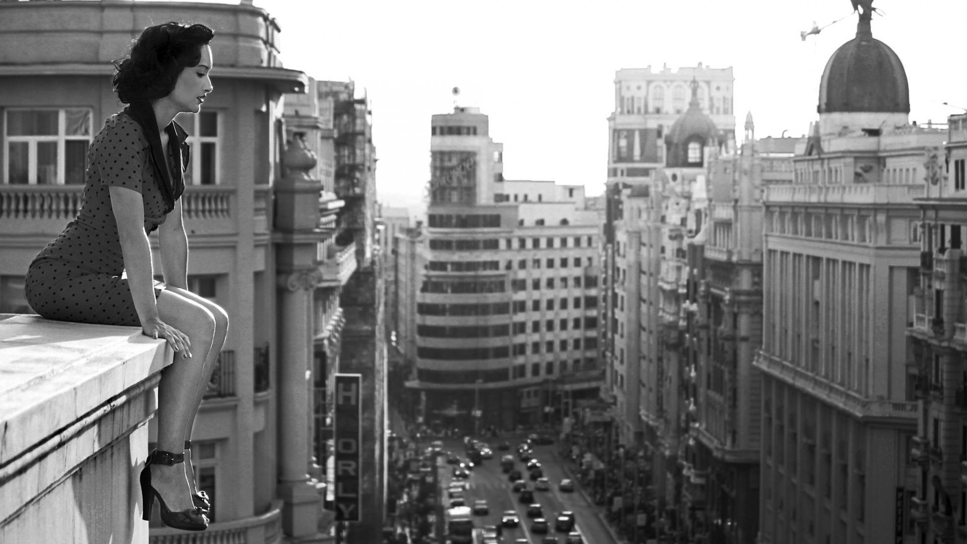 rooftops women monochrome high heels building Wallpaper