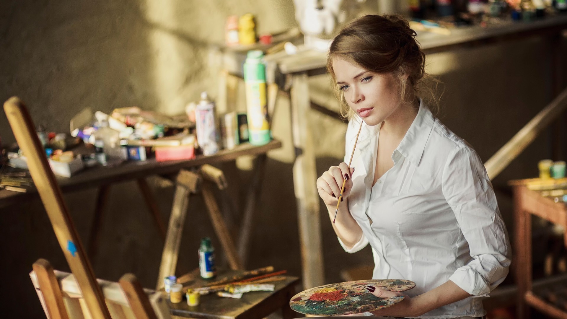 women paintbrushes white tops Wallpaper