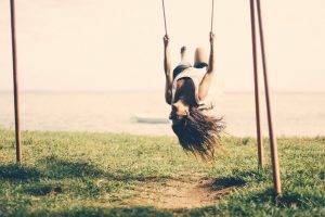 swings women outdoors brunette upside down