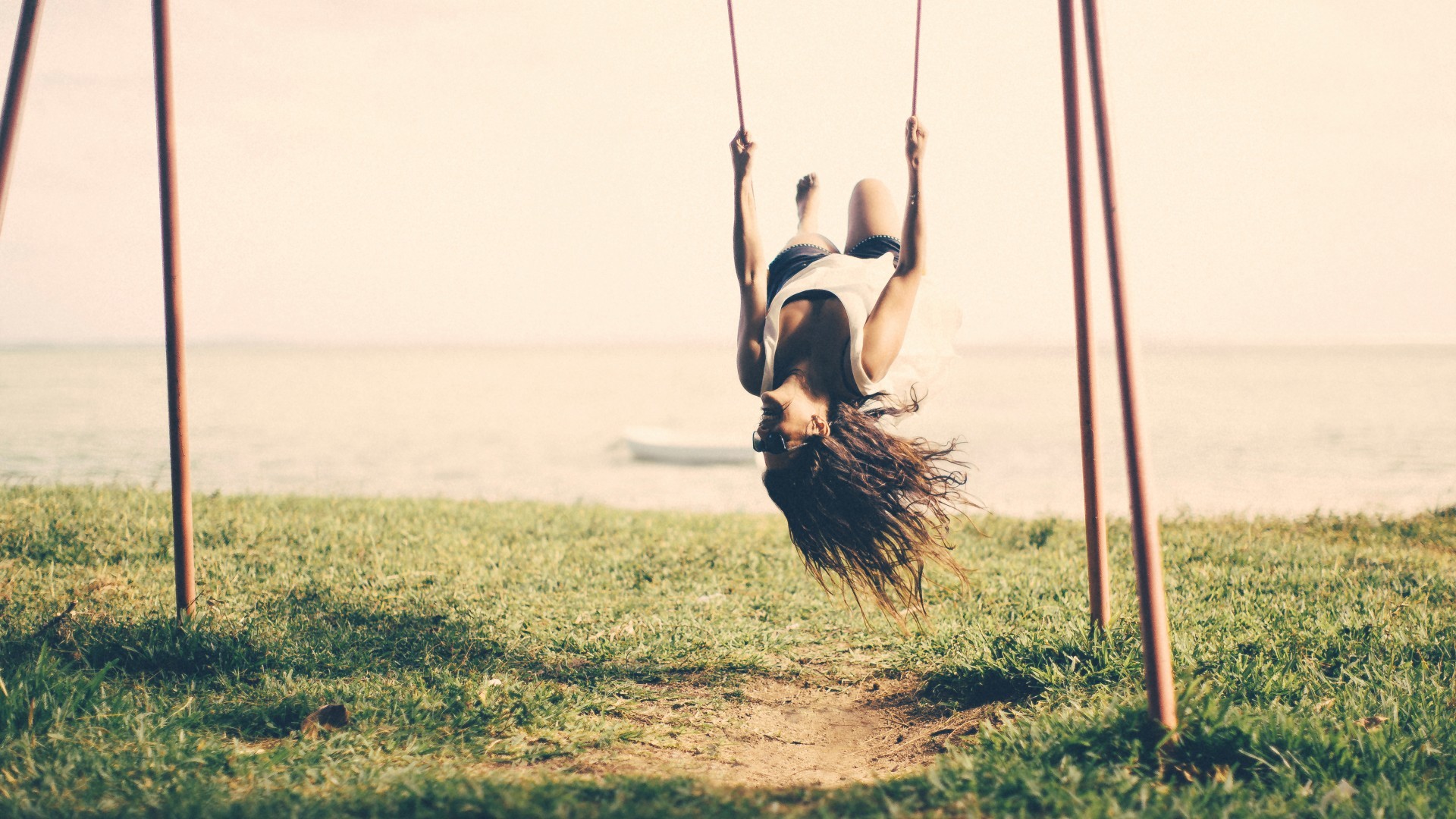 swings women outdoors brunette upside down Wallpaper