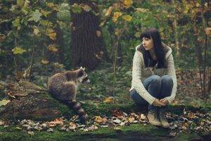 raccoons log women outdoors sitting holding knees bangs brunette forest leaves