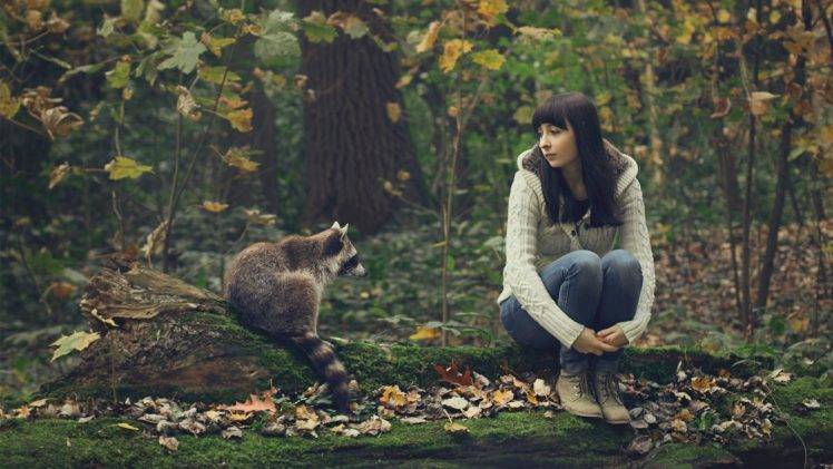 raccoons log women outdoors sitting holding knees bangs brunette forest leaves HD Wallpaper Desktop Background