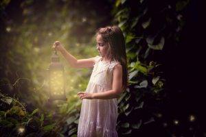 children little girl lantern leaves