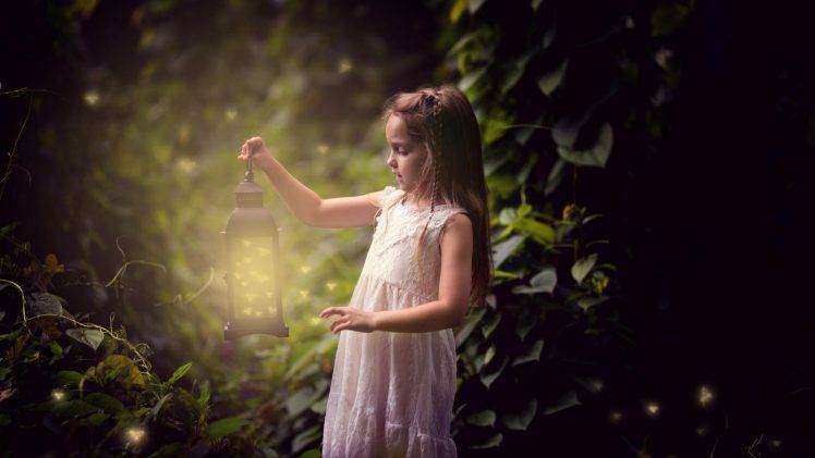 children little girl lantern leaves HD Wallpaper Desktop Background