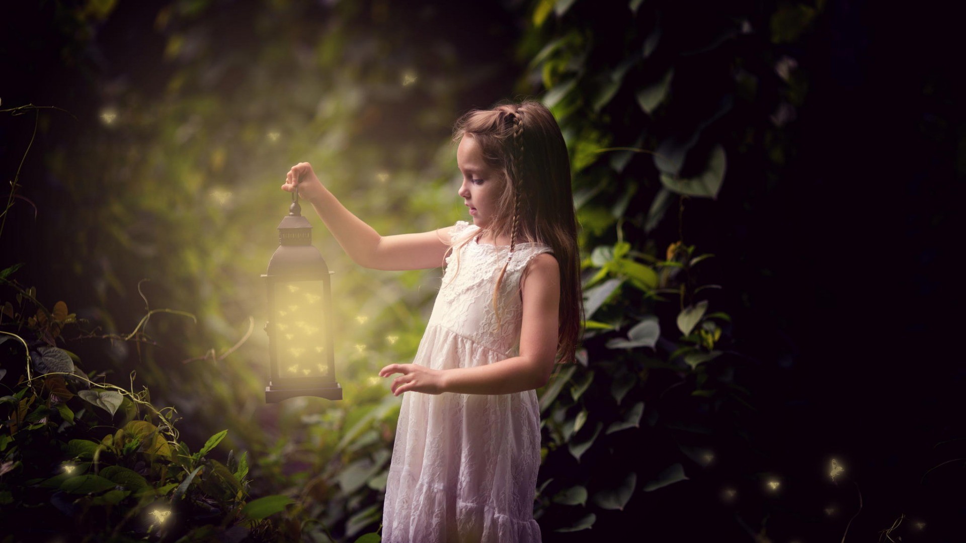 children little girl lantern leaves Wallpaper
