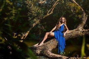 women outdoors branch trees blue dress barefoot blonde sunlight women legs dress