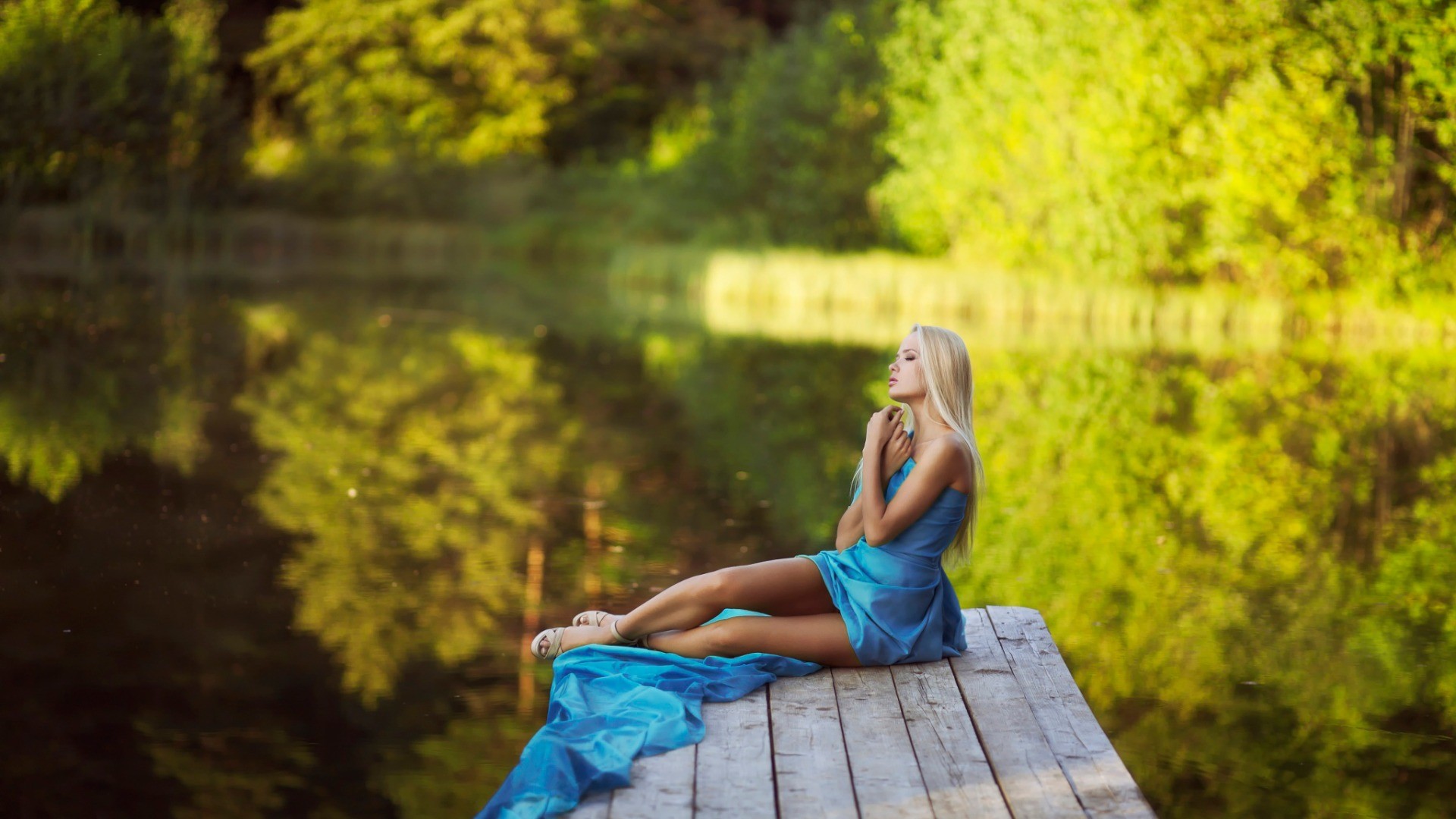 women blonde women outdoors lake pond nature Wallpaper