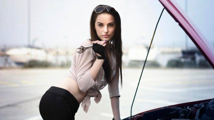 women with cars brunette sunglasses HD Wallpaper Desktop Background
