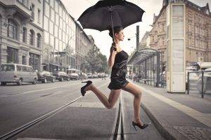 women umbrella high heels road running black dress
