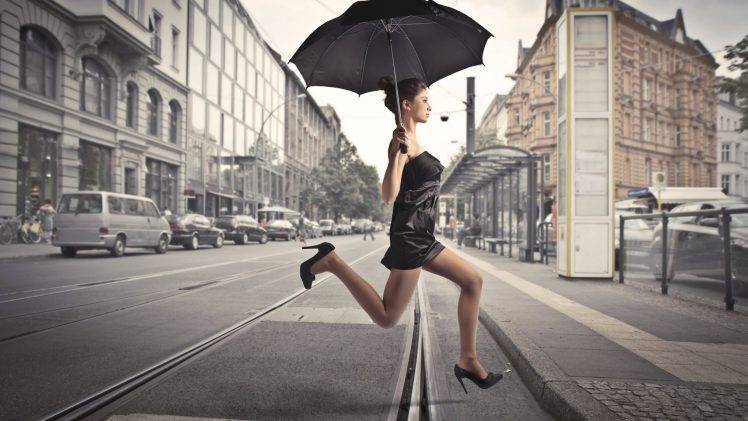 women umbrella high heels road running black dress HD Wallpaper Desktop Background