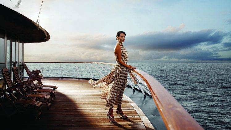 cruise ship ship windy deck chairs sea women HD Wallpaper Desktop Background