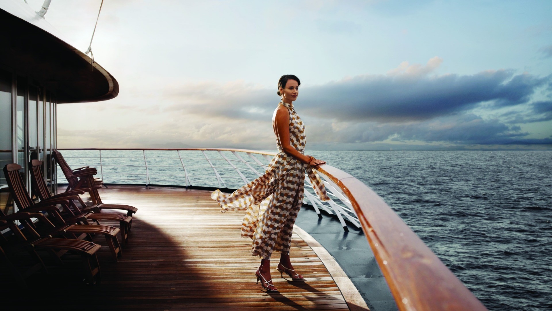 cruise ship ship windy deck chairs sea women Wallpaper