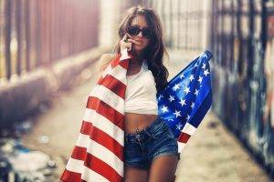 women brunette sunglasses flag women outdoors american flag