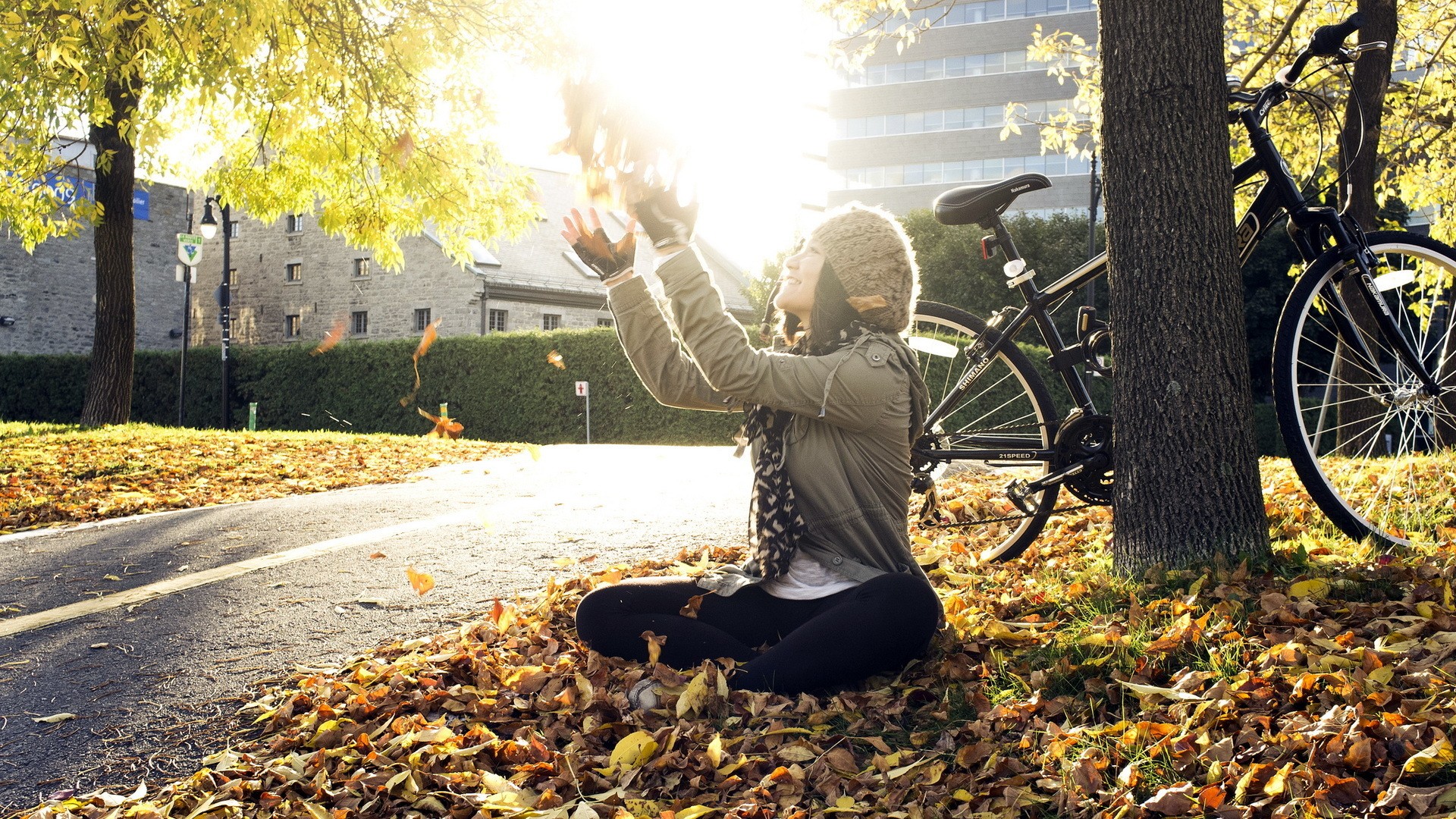 fall trees bicycle road sitting sunlight women outdoors Wallpaper