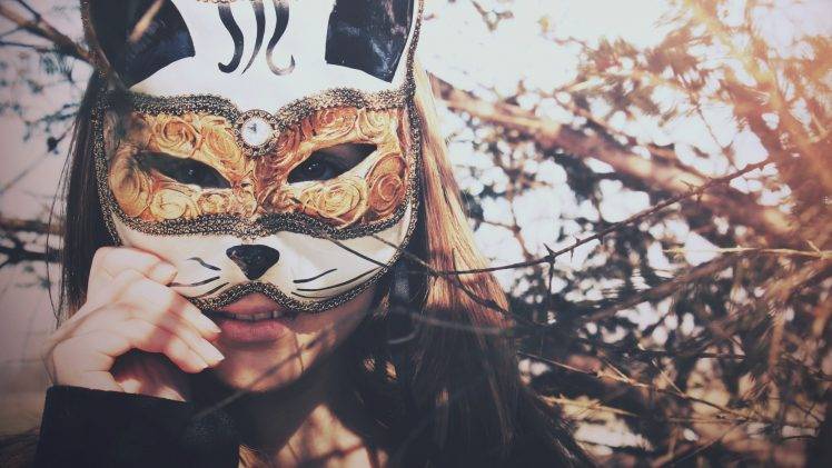 women outdoors women sunlight venetian masks brunette HD Wallpaper Desktop Background