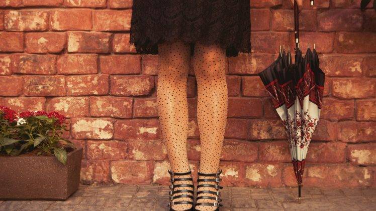 women stockings umbrella skirt bricks HD Wallpaper Desktop Background