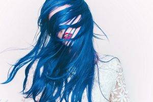 women blue hair long hair hair in face