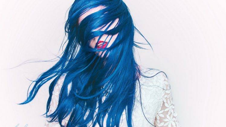 women blue hair long hair hair in face HD Wallpaper Desktop Background