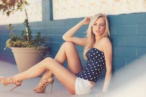 women model blonde polka dots against wall lauren york