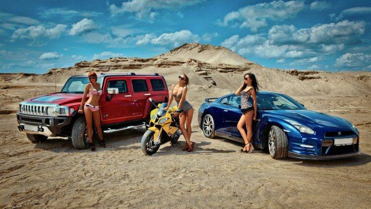 women model bikini hummer bmw s 1000 rr nissan gt r desert women with cars HD Wallpaper Desktop Background