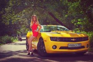 women model red dress chevrolet camaro bumblebee high heels women with cars