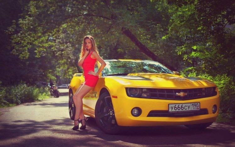 women model red dress chevrolet camaro bumblebee high heels women with cars HD Wallpaper Desktop Background