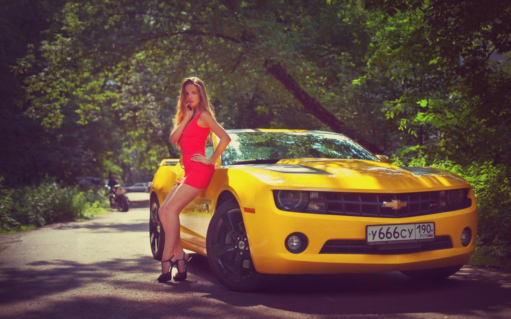 women model red dress chevrolet camaro bumblebee high heels women with cars Wallpaper