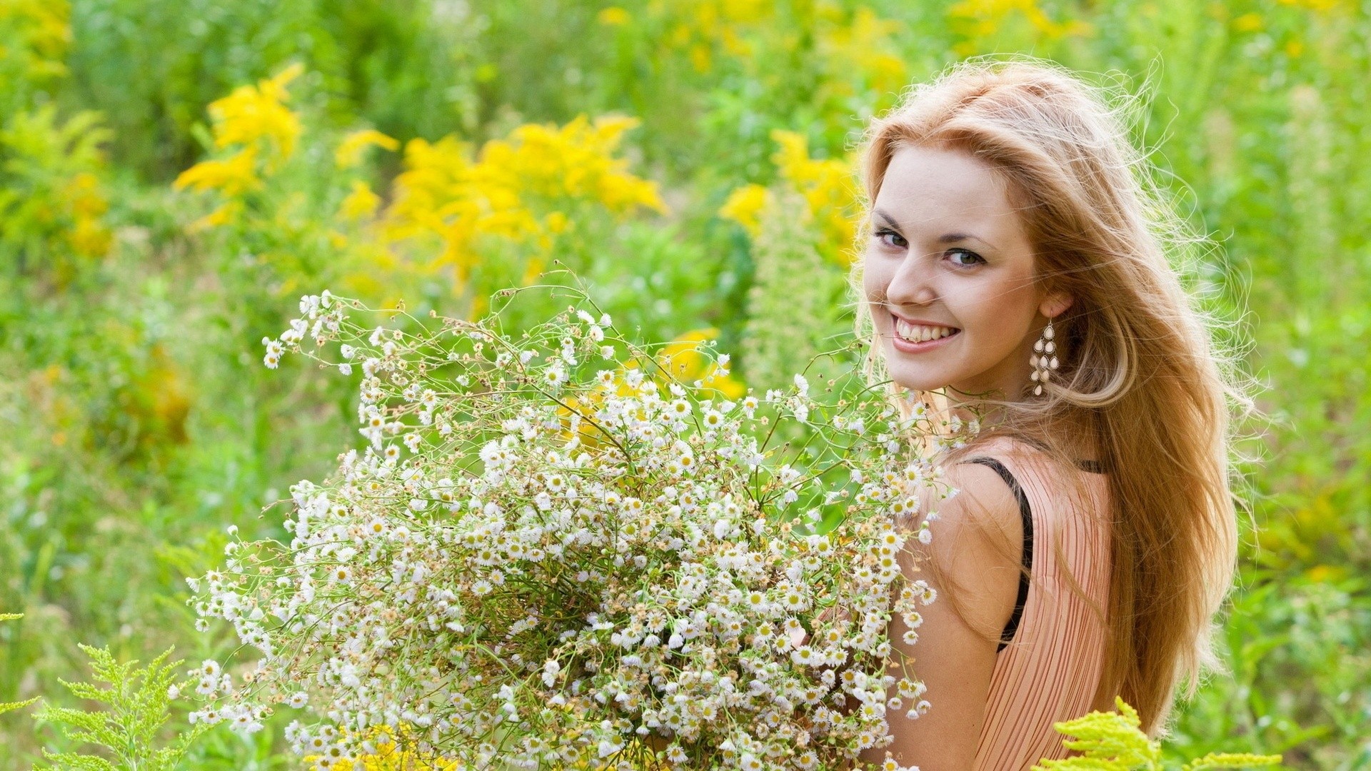 women flowers women outdoors blonde smiling Wallpaper