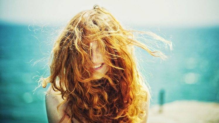 women redhead hair in face smiling curly hair HD Wallpaper Desktop Background