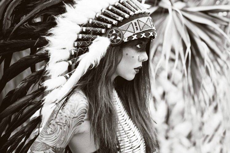 women sepia native americans headdress profile HD Wallpaper Desktop Background
