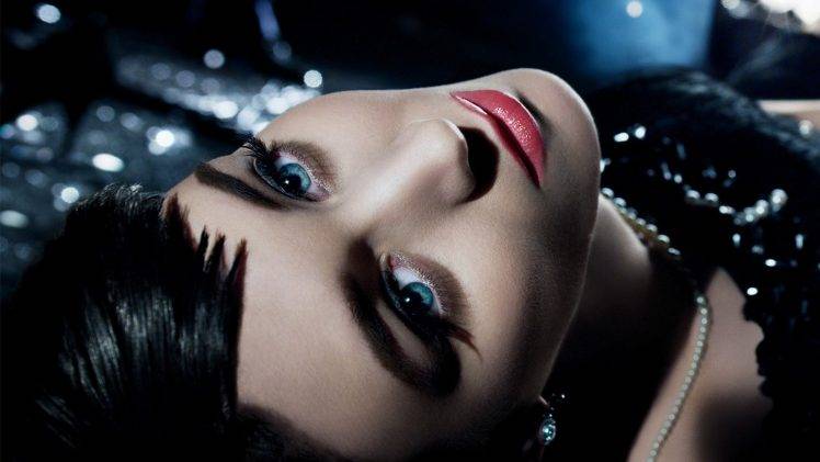 women black hair blue eyes red lipstick closeup pearl necklace HD Wallpaper Desktop Background