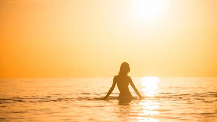 sea sunset women silhouette HD Wallpaper Desktop Background