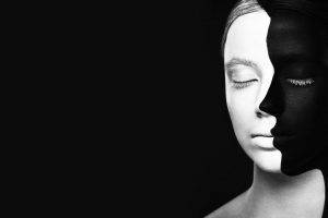 women face black background optical illusion monochrome closed eyes body paint black white