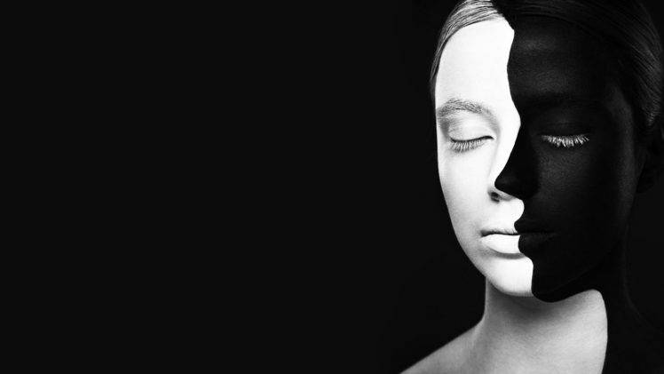 women face black background optical illusion monochrome closed eyes body paint black white HD Wallpaper Desktop Background