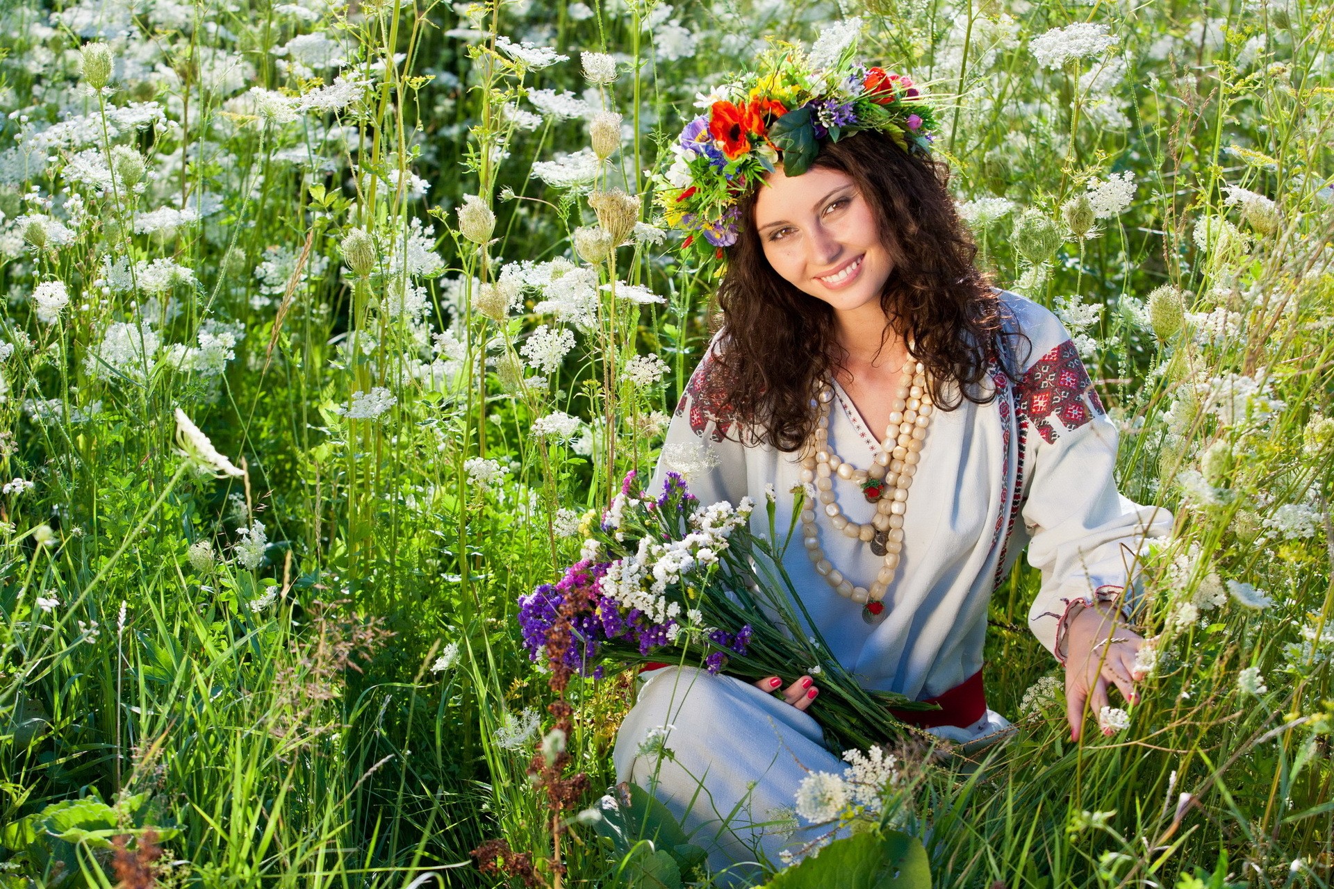 women model brunette women outdoors flowers nature field flower in hair hippie curly hair wreaths Wallpaper