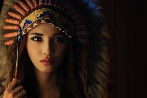 women model brunette face open mouth indian headdress zreck