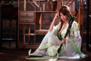 asian women brunette sword costumes katana
