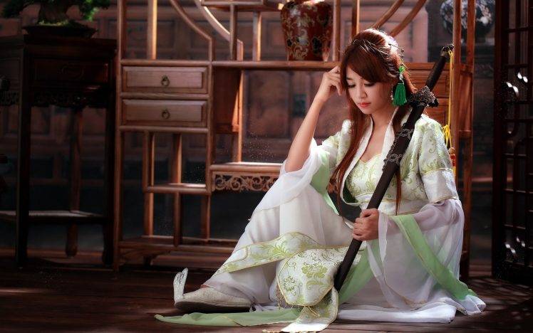 asian women brunette sword costumes katana HD Wallpaper Desktop Background