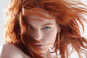 women model face redhead wavy hair open mouth white background