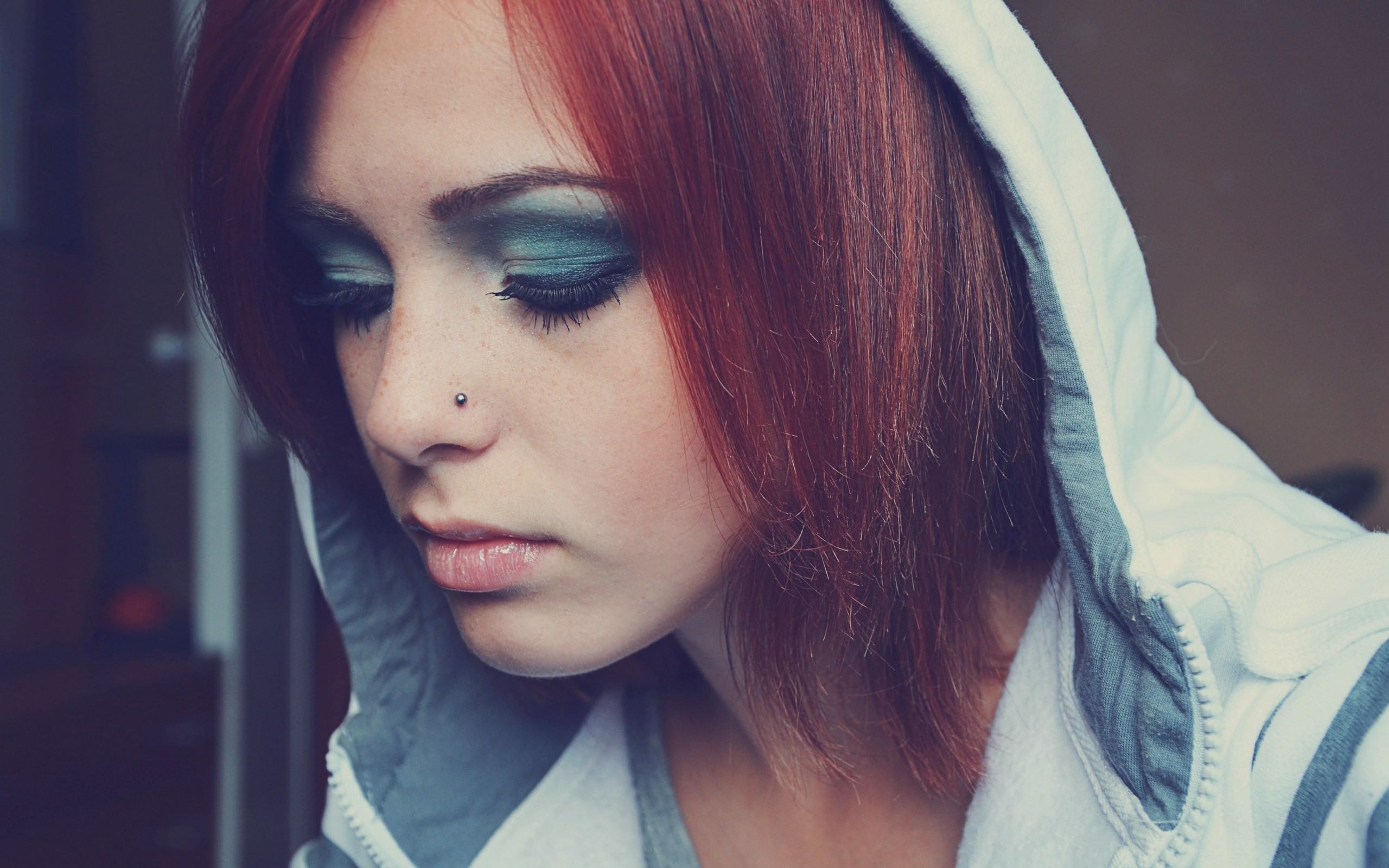 women model face redhead closed eyes pierced nose Wallpaper