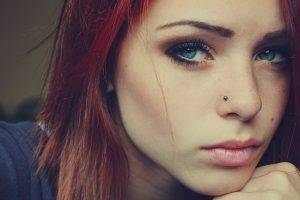 women model face redhead blue eyes pierced nose freckles